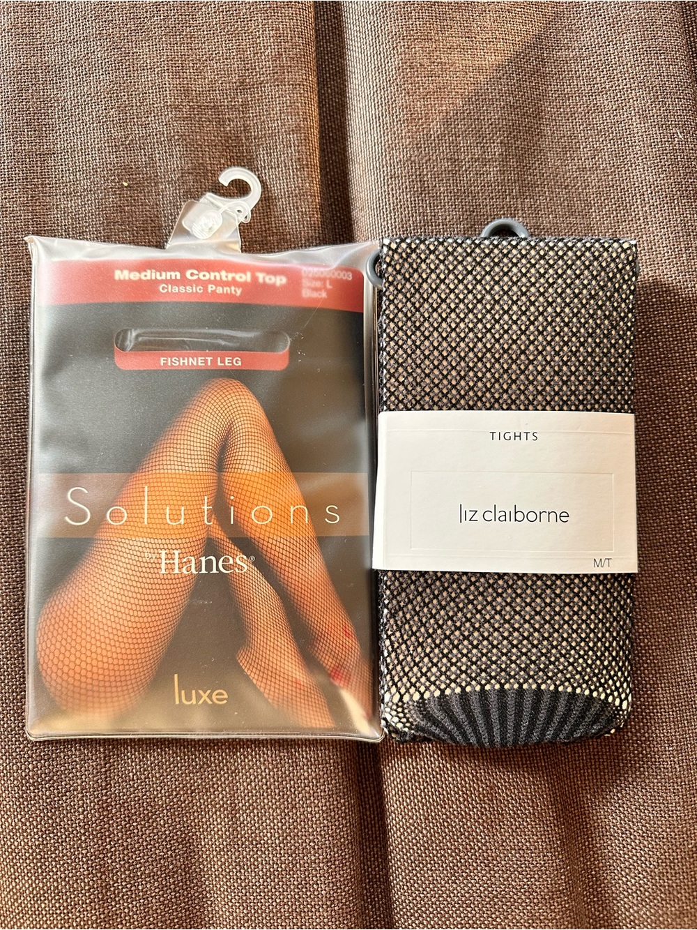 2 Pair Black Fishnet Tights Hanes Solutions Luxe Large & Liz Claiborne M/T